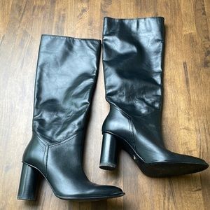 Black faux leather knee high boots